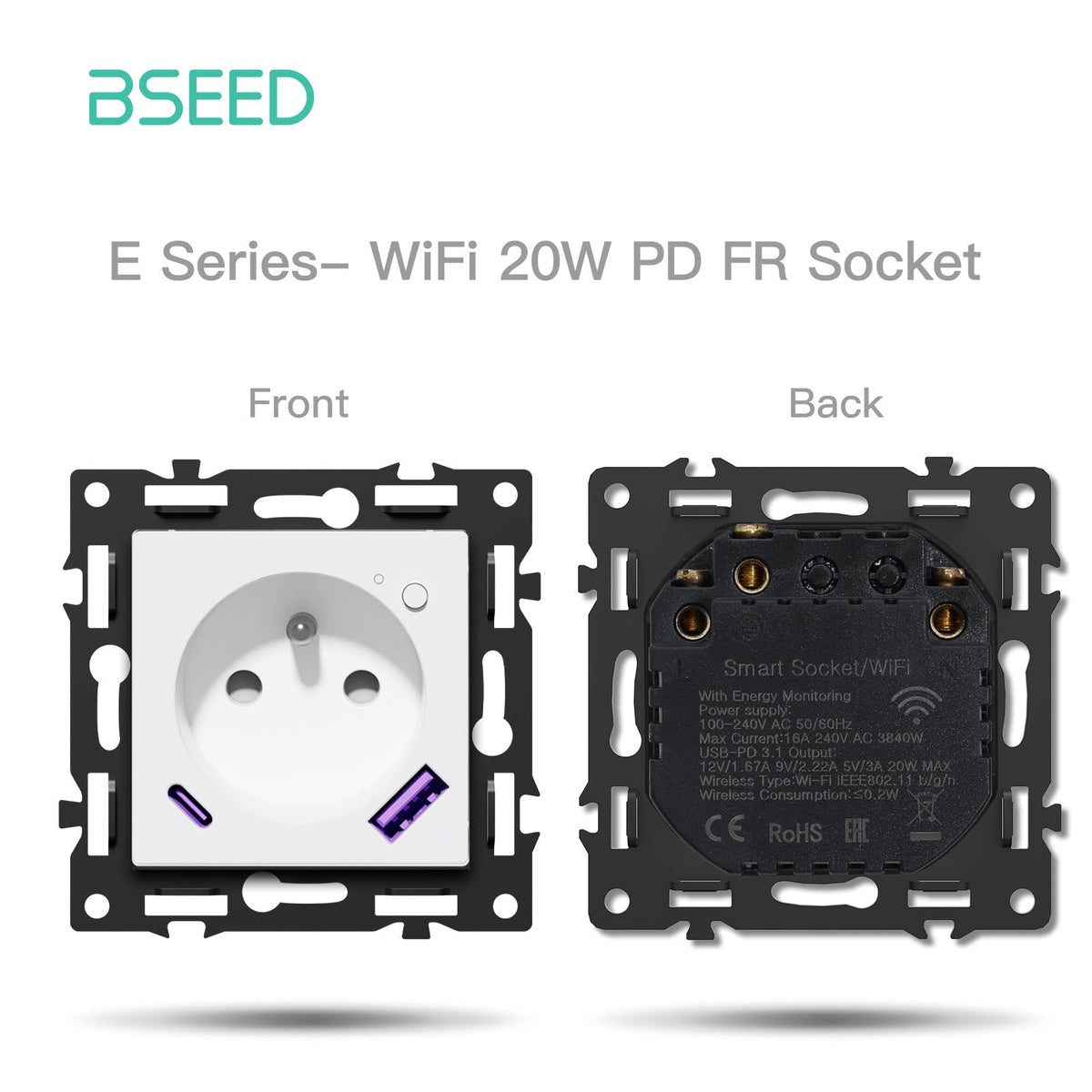 Click Series DIY Part Customized Free Combinations Smart Wifi Switch Socket Insert White Color Crystal Glass Panel Light Switches Bseedswitch Wifi French Socket with Energy Monitoring with 20W AC 