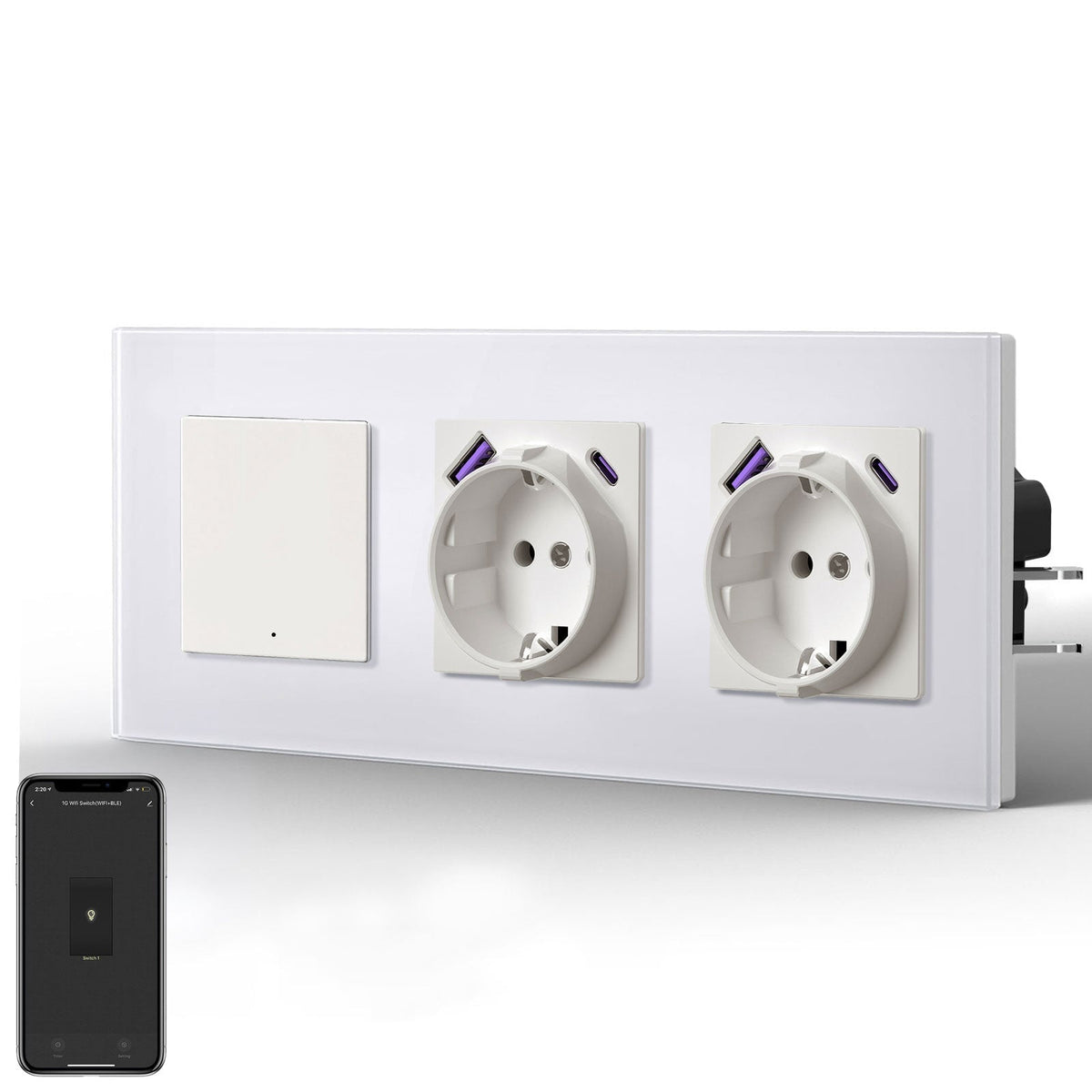 Interruptor inteligente Wi-Fi serie Echo con doble enchufe europeo, puerto USB tipo C de 20 W, tomas de corriente de 228 mm y enchufes Bseed, color blanco, 1 Gang 