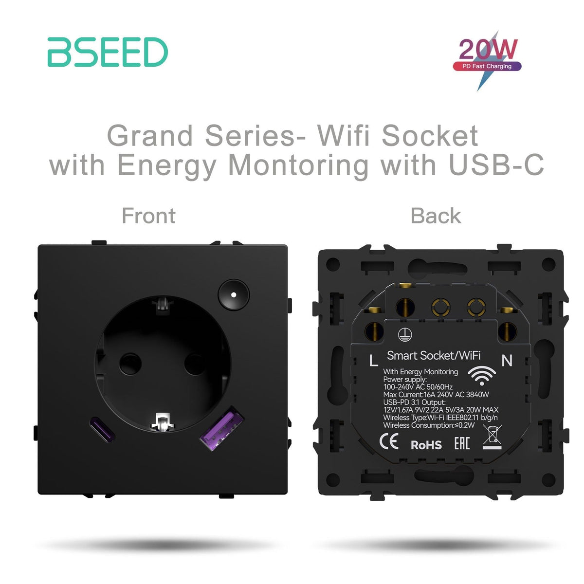 Grand Series DIY Part Customized free combinations Plastic Panels Black Color Power Outlets & Sockets Bseedswitch Wifi Eu Socket with monitoring with 20W USB-C 