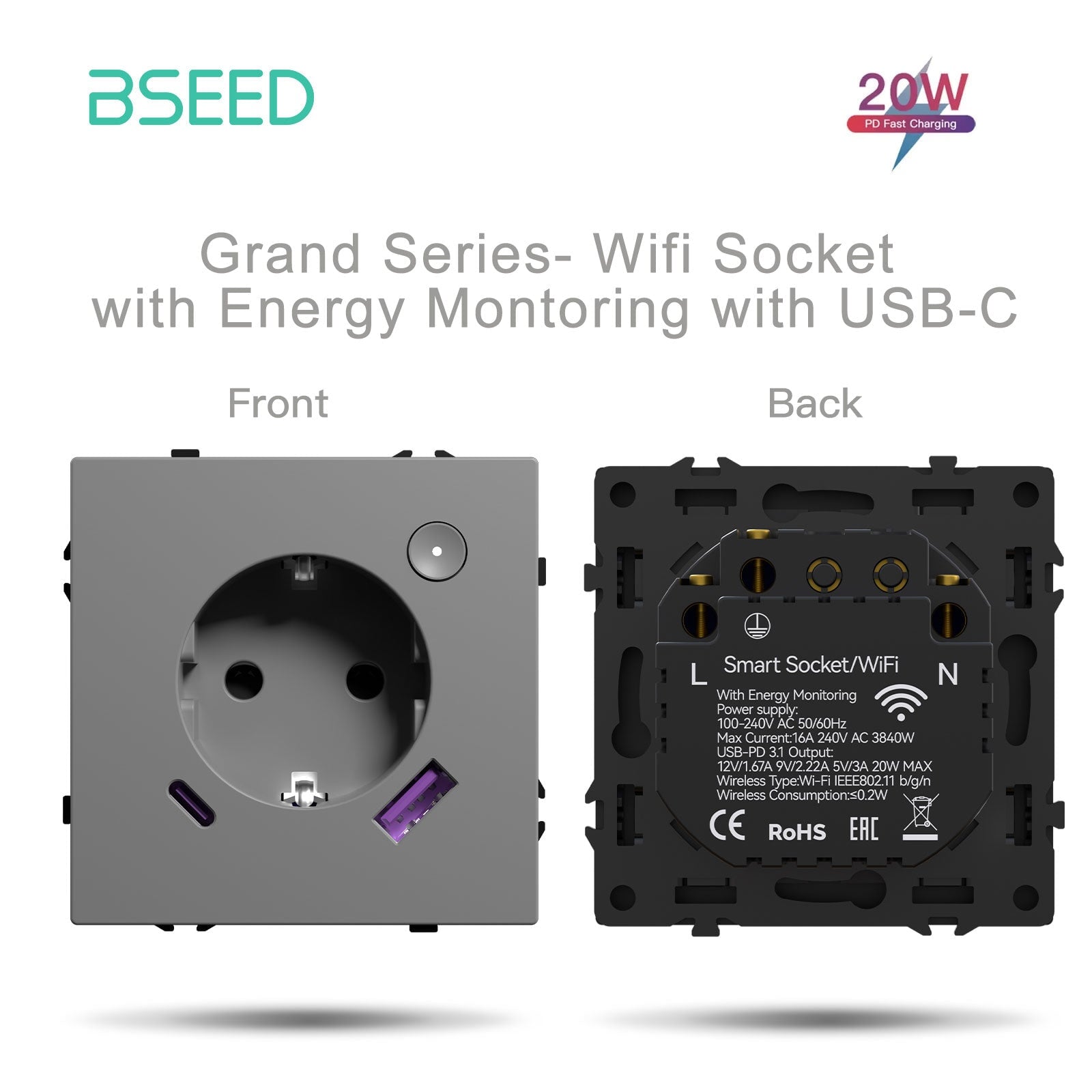 Grand Series DIY Part Customized free combinations Plastic Panels Grey Color Power Outlets & Sockets Bseedswitch Wifi Eu Socket with monitoring with USB-C 