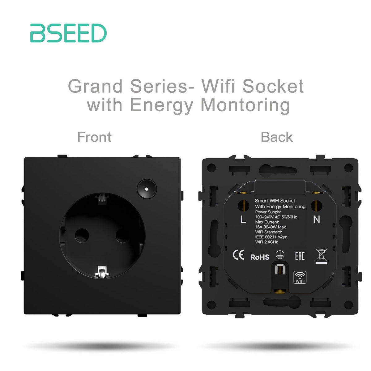 Grand Series DIY Part Customized free combinations Plastic Panels Black Color Power Outlets & Sockets Bseedswitch Wifi Eu Socket with monitoring 