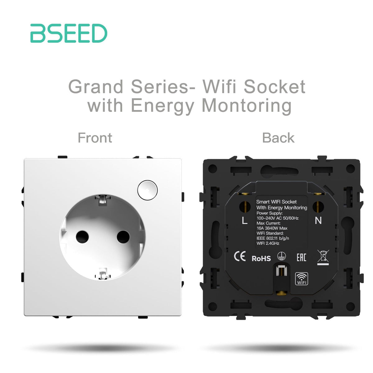 Grand Series DIY Part Customized free combinations Plastic Panels White Color Power Outlets & Sockets Bseedswitch WiFi Eu socket with energy montoring 