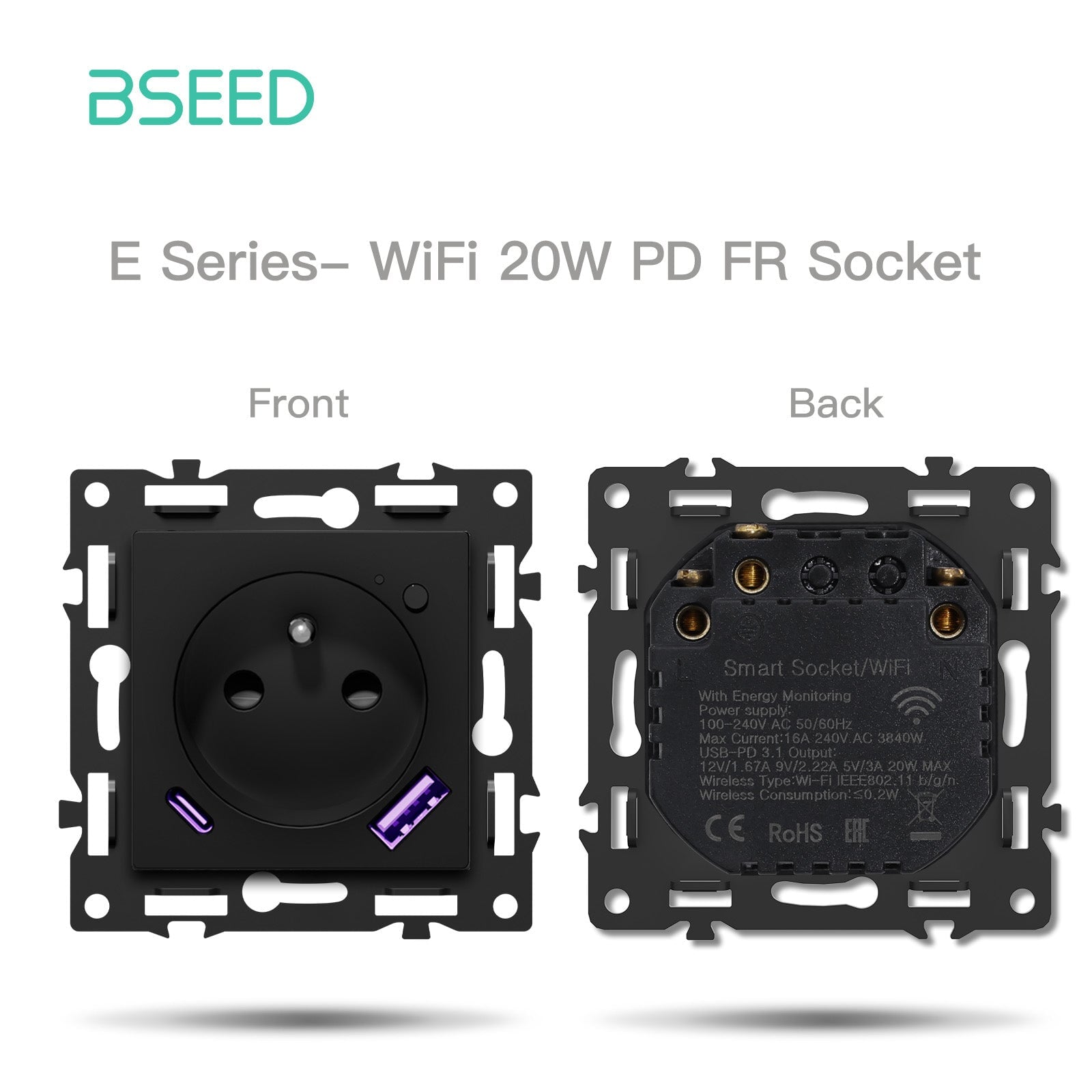 BSEED DIY Part Customized Free Combinations Mechanical Switch Socket Insert Black Color Crystal Glass Panel Light Switches Bseedswitch Wifi FR Socket with Monitoring with 20W USB-C 