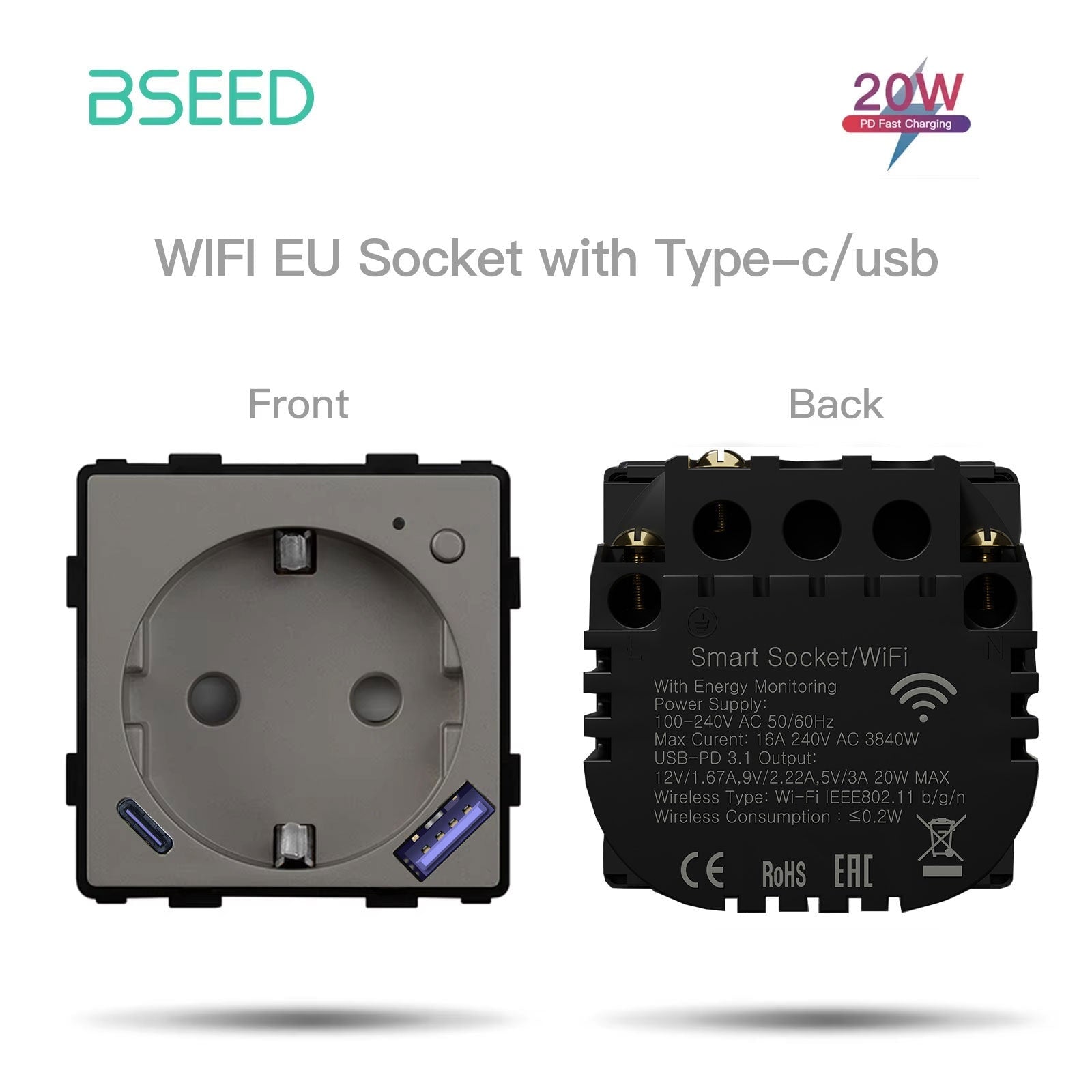 Bseed Crystal Glass Frame Smart Switch Socket Frame USB RJ45 Socket TV Satellite Wall Plug Function Parts DIY Free Combination Grey Color socket Bseedswitch 