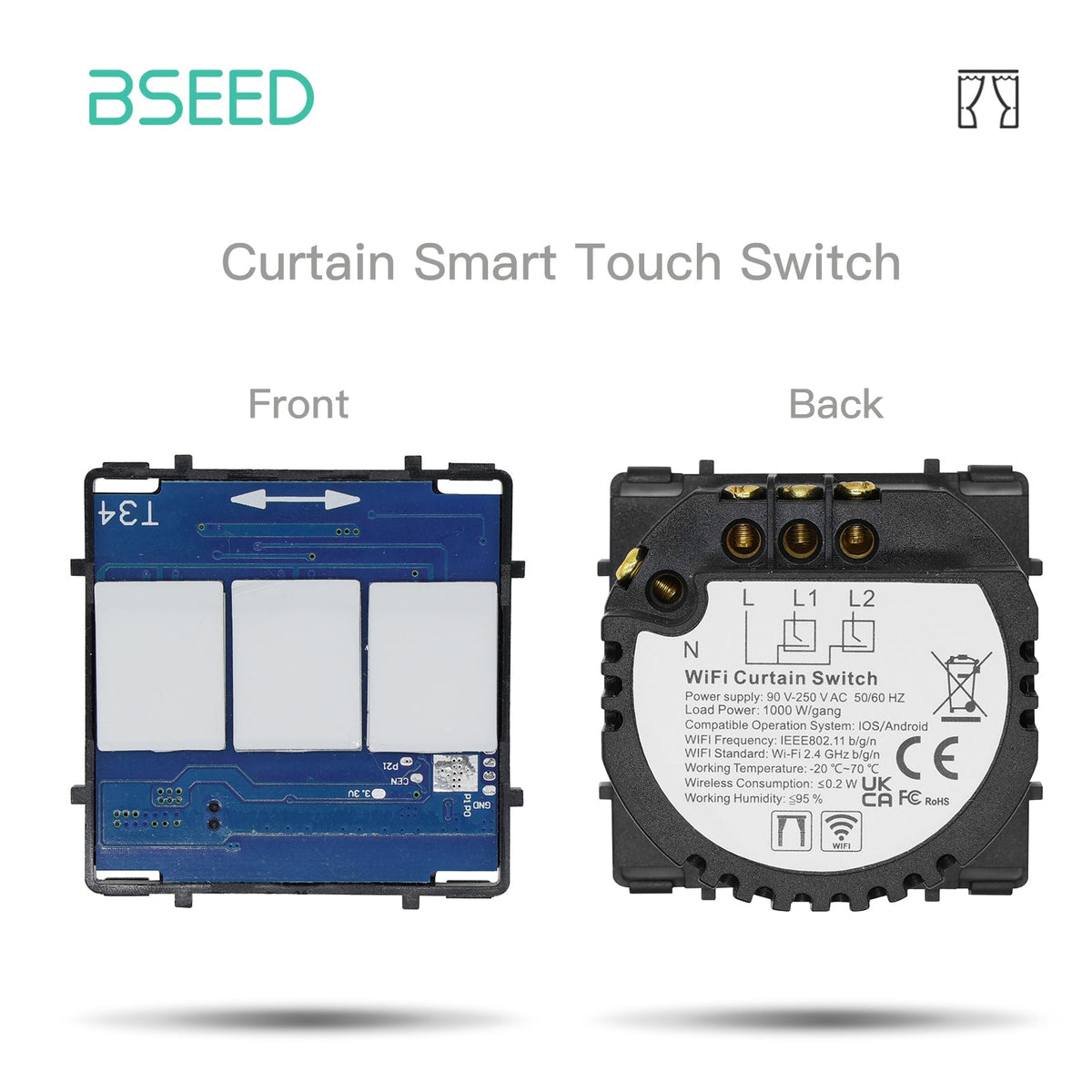 Bseed ZigBee WiFi Interruptor de Cortina / Persianas con Tecla de Función sin Panel de Vidrio Bseedswitch Interruptor de Cortina WiFi 