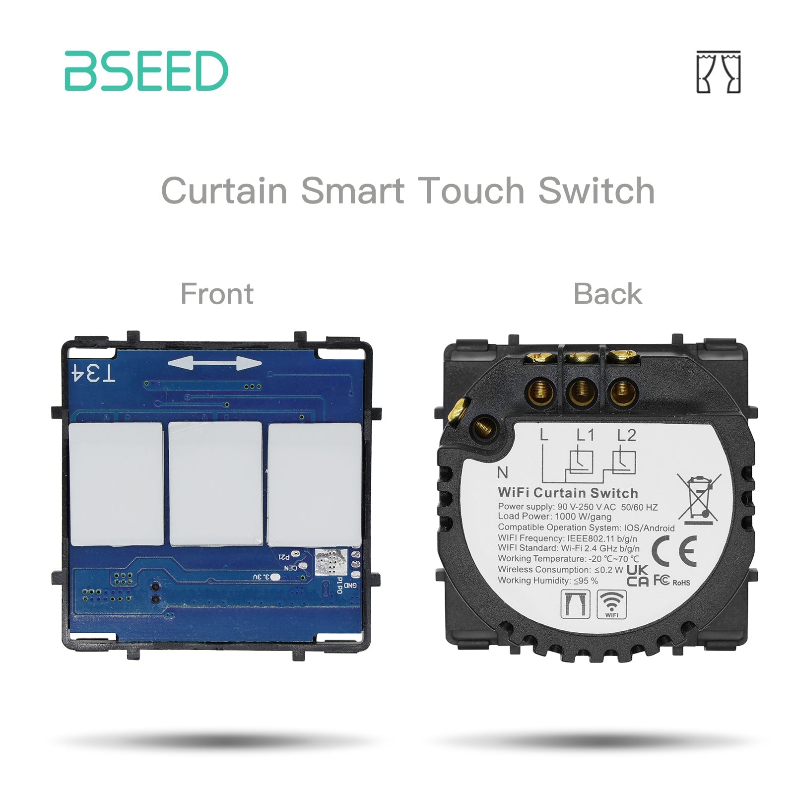 Bseed ZigBee WiFi Interruptor de Cortina / Persianas con Tecla de Función sin Panel de Vidrio Bseedswitch Interruptor de Cortina WiFi 