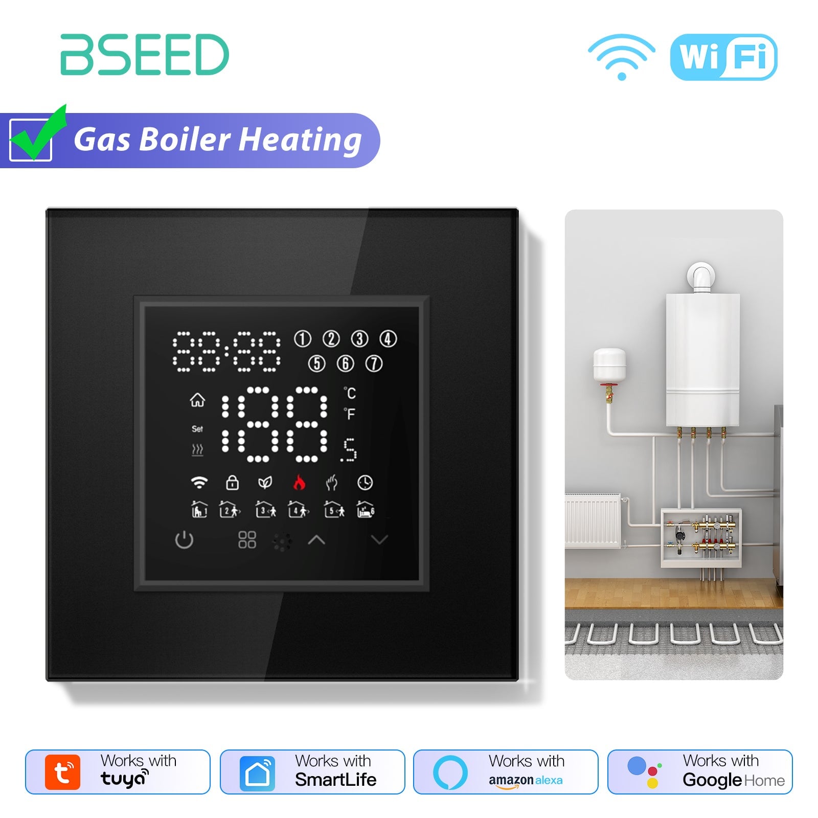 BSEED Echo Series Smart WiFi Touch LED Screen Floor Heating Room Thermostat Controller Thermostats Bseedswitch White Boiler 