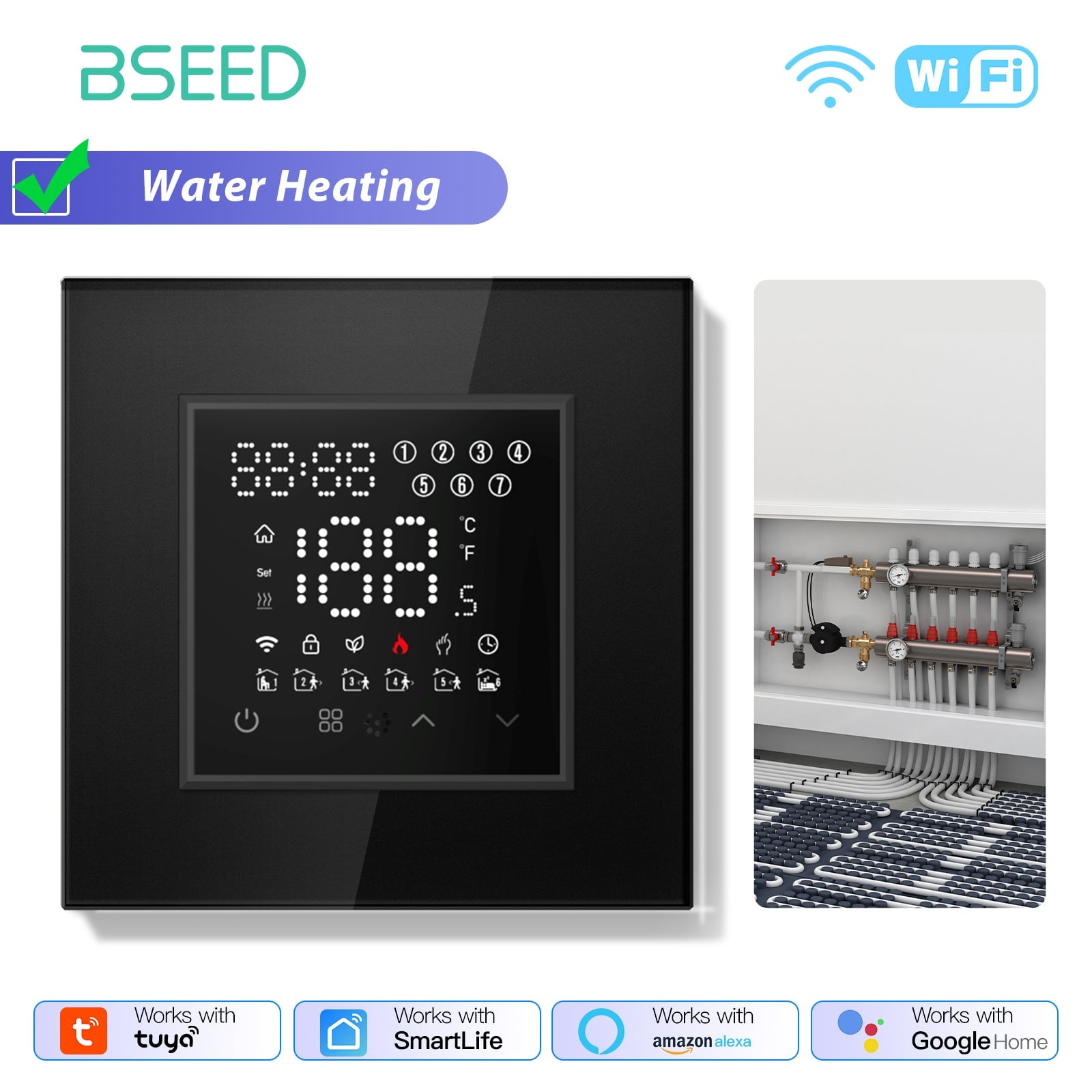 BSEED Echo Series Smart WiFi Touch LED Screen Floor Heating Room Thermostat Controller Thermostats Bseedswitch White Water 