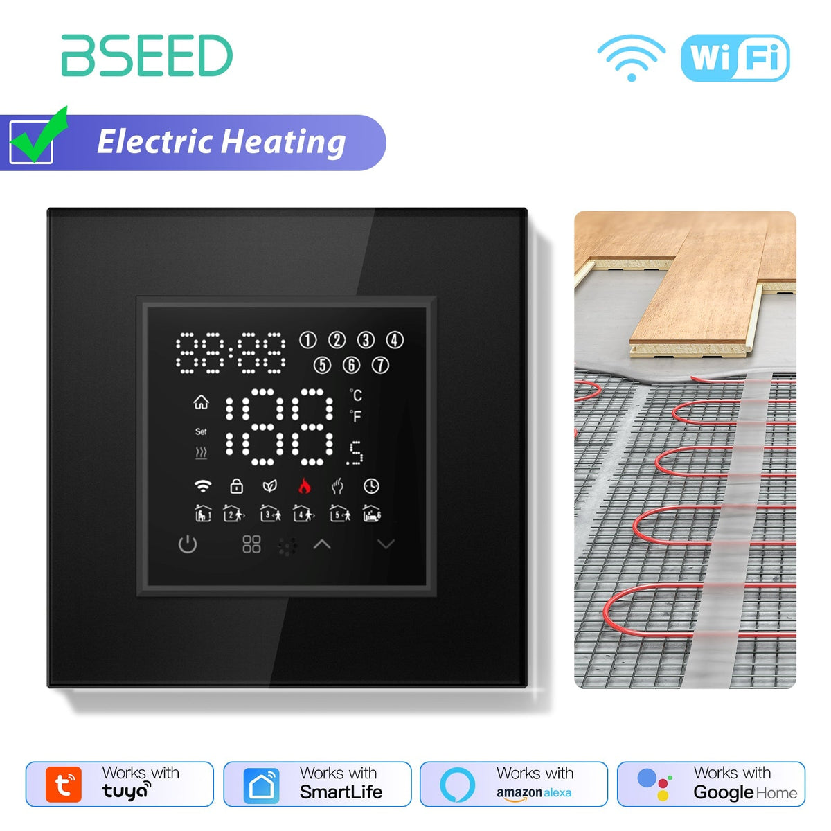 BSEED Echo Series Smart WiFi Touch LED Screen Floor Heating Room Thermostat Controller Thermostats Bseedswitch White Electric 