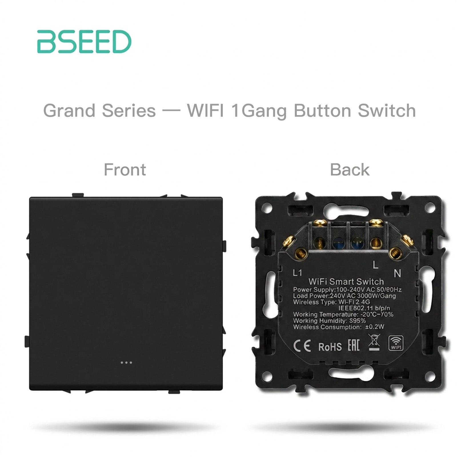 Interruptor Wifi 1 Gang Bseed con neutro, serie Grand, piezas DIY, combinaciones personalizadas, paneles de plástico, color negro, tomas de corriente y enchufes. 