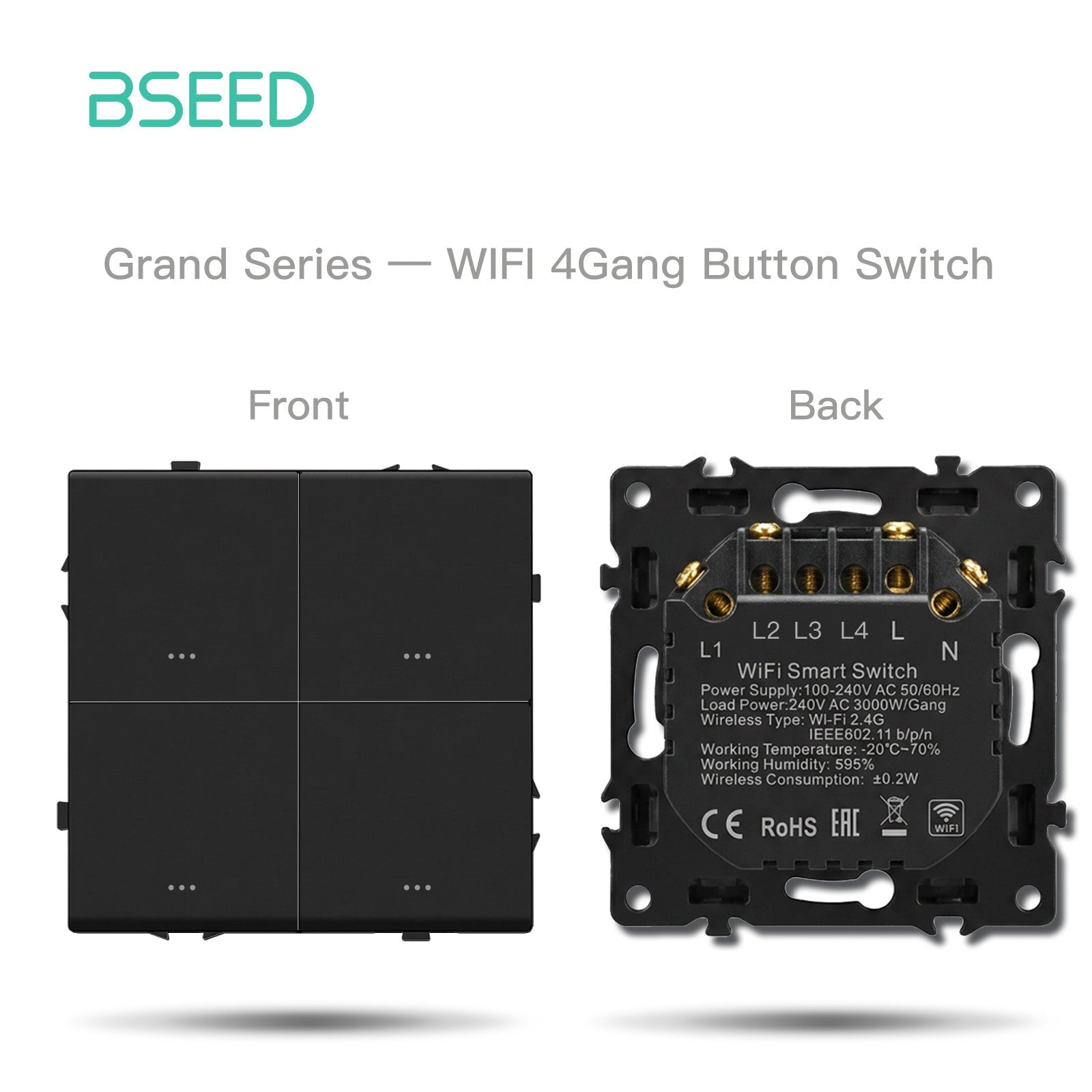 Interruptor Wifi de 4 bandas Bseed con neutro, serie Grand, piezas de bricolaje personalizables, paneles de plástico, color negro, tomas de corriente y enchufes 