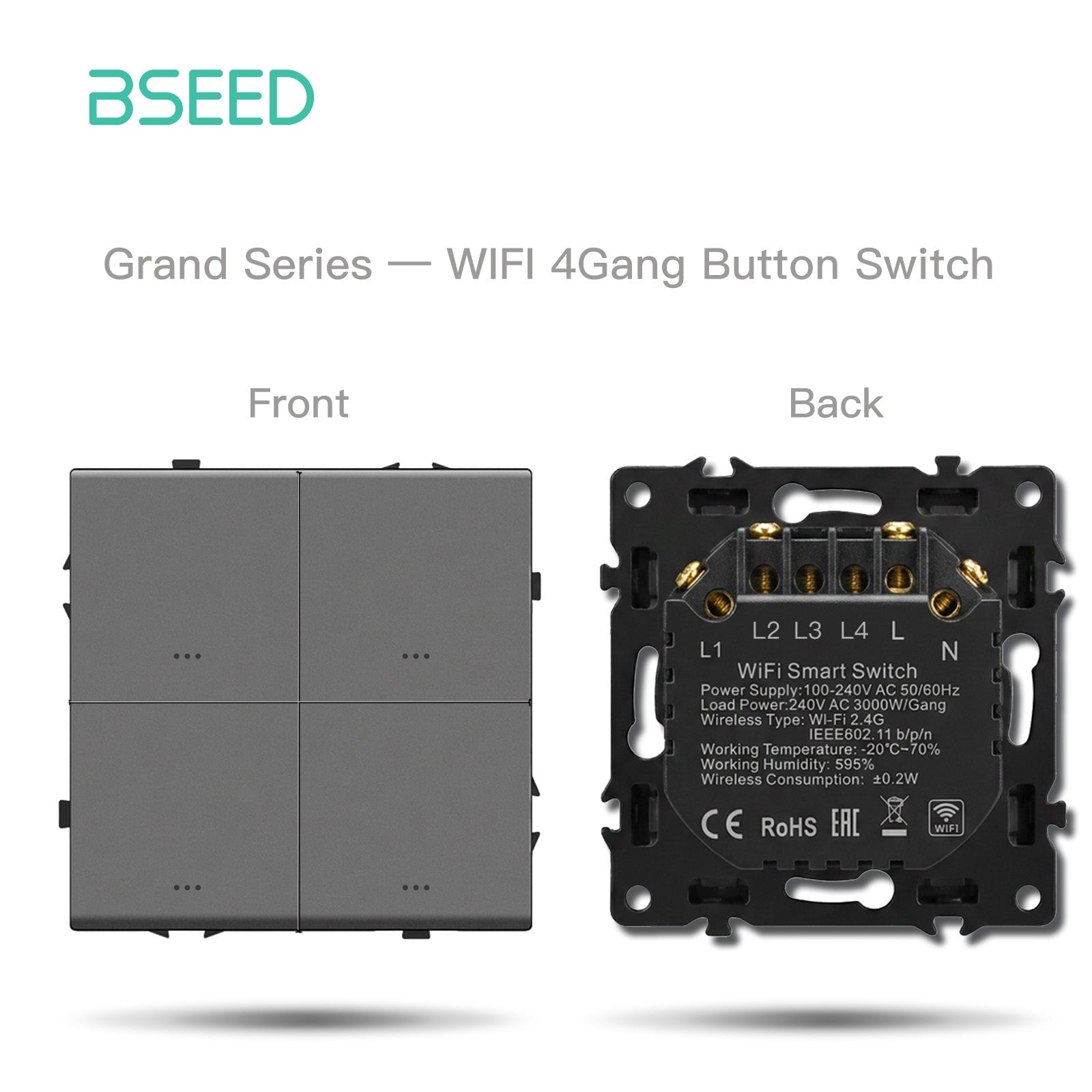 Grand Series DIY Part Customized free combinations Plastic Panels Grey Color Power Outlets & Sockets Bseedswitch Wifi 4 Gang Switch with Neutral 