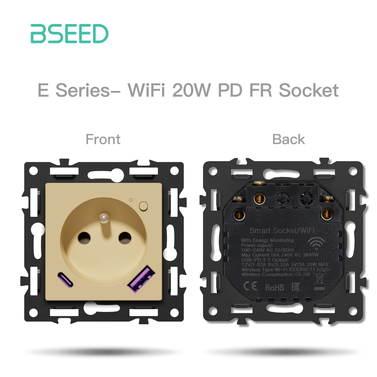 Click Series DIY Part Customized Free Combinations Smart Wifi Switch Socket Insert Gold Color Light Switches Bseedswitch Wifi French Socket with Energy Monitoring with 20W AC 
