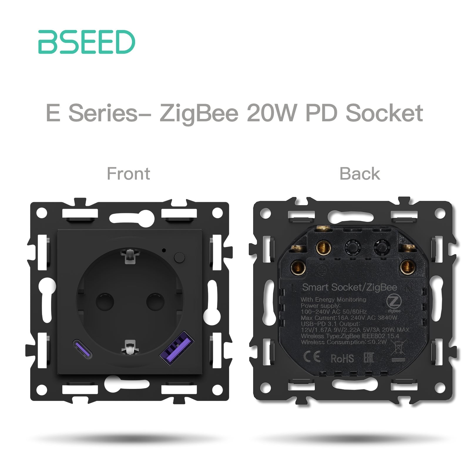 BSEED DIY Part Customized Free Combinations Mechanical Switch Socket Insert Black Color Crystal Glass Panel Light Switches Bseedswitch Zigbee Eu Socket with Monitoring with 20W USB-C 