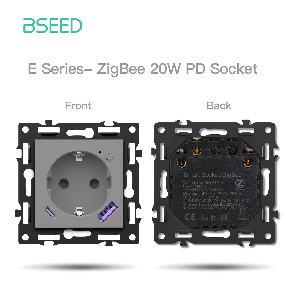 BSEED DIY Part Customized Free Combinations Mechanical Light Switch Wall Socket Insert Grey Color Crystal Glass Panel Light Switches Bseedswitch Zigbee Eu Socket with Monitoring with 20W USB-C 