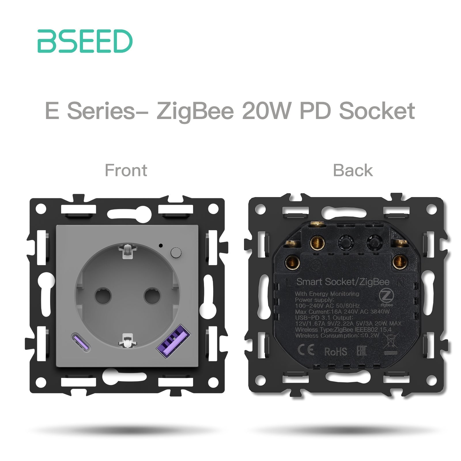BSEED DIY Part Customized Free Combinations Mechanical Light Switch Wall Socket Insert Grey Color Crystal Glass Panel Light Switches Bseedswitch Zigbee Eu Socket with Monitoring with 20W USB-C 
