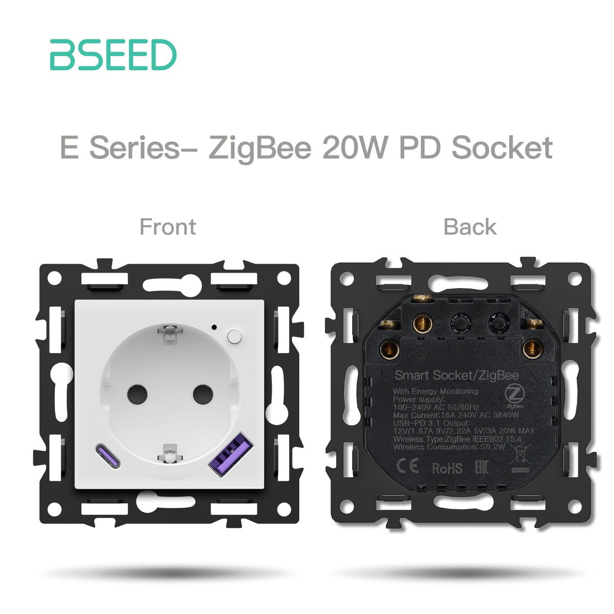BSEED DIY Part Customized Free Combinations Mechanical Switch Socket Insert White Color Crystal Glass Panel Light Switches Bseedswitch Zigbee Eu Socket with monitoring with 20W USB-C 