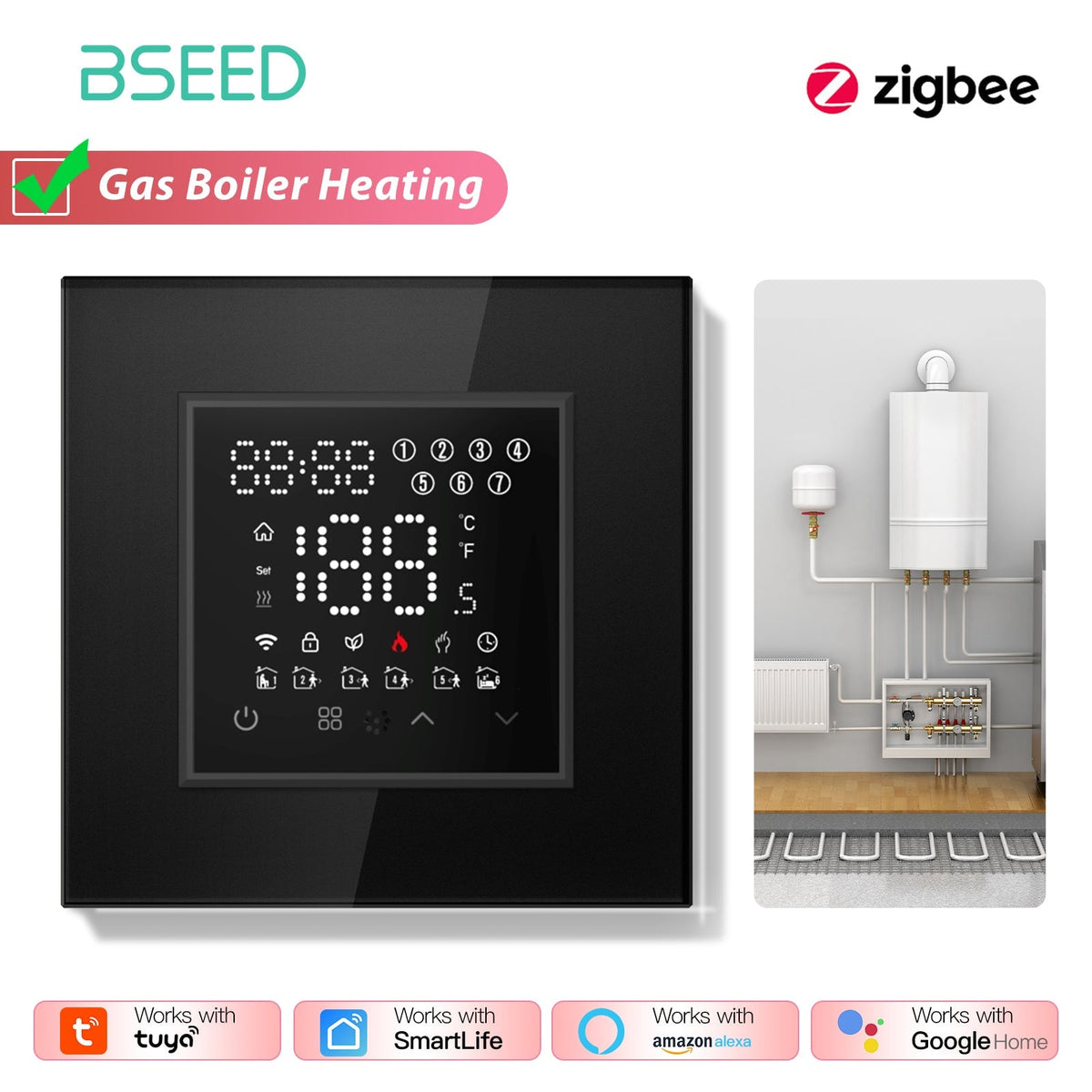 BSEED Echo Series Smart Zigbee Touch LED Screen Floor Heating Room Thermostat Controller Thermostats Bseedswitch Black Boiler 