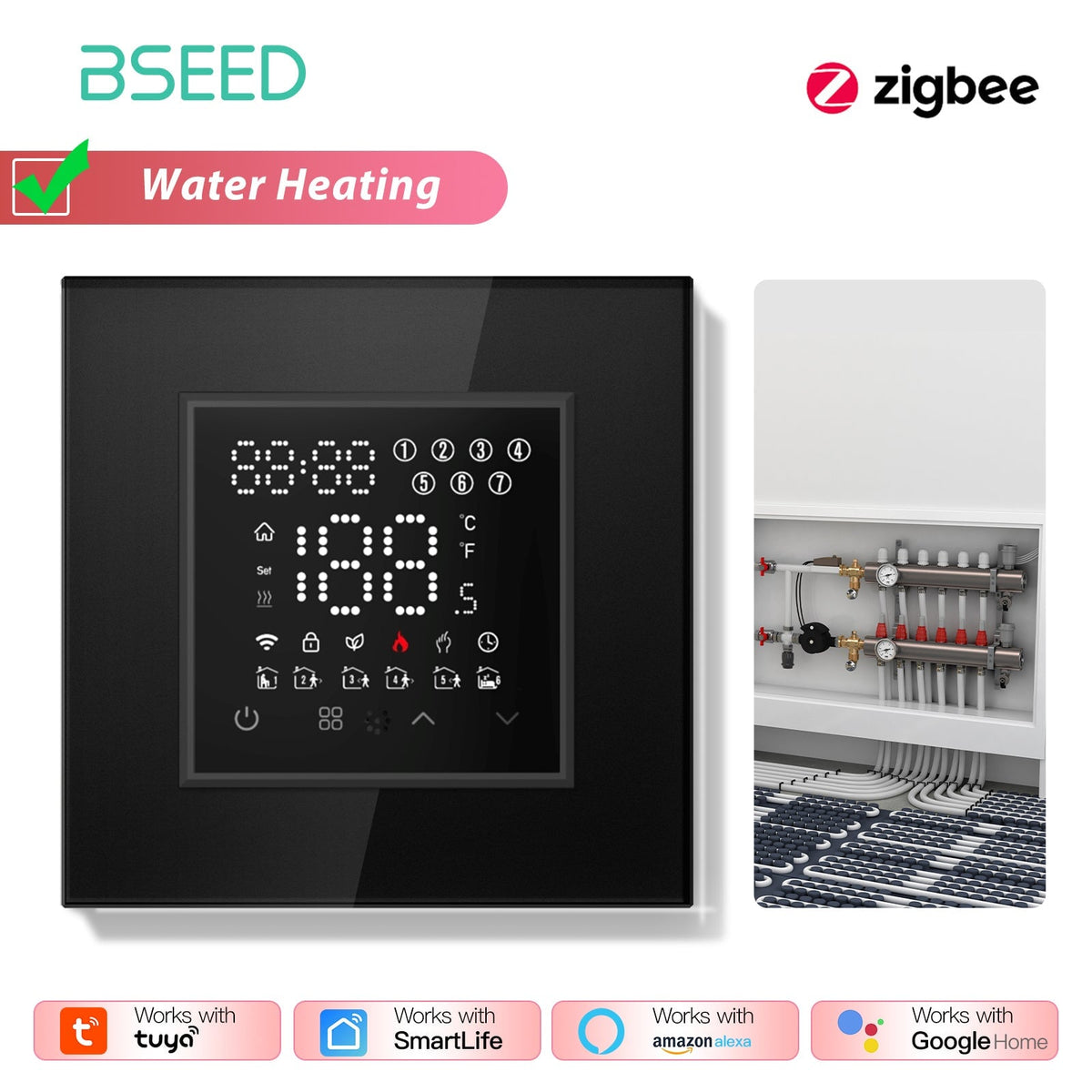 BSEED Echo Series Smart Zigbee Touch LED Screen Floor Heating Room Thermostat Controller Thermostats Bseedswitch Black Water 