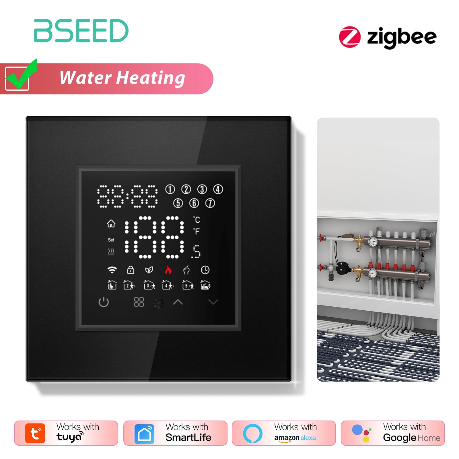 BSEED Echo Series Smart Zigbee Touch LED Screen Floor Heating Room Thermostat Controller Thermostats Bseedswitch Black Water 
