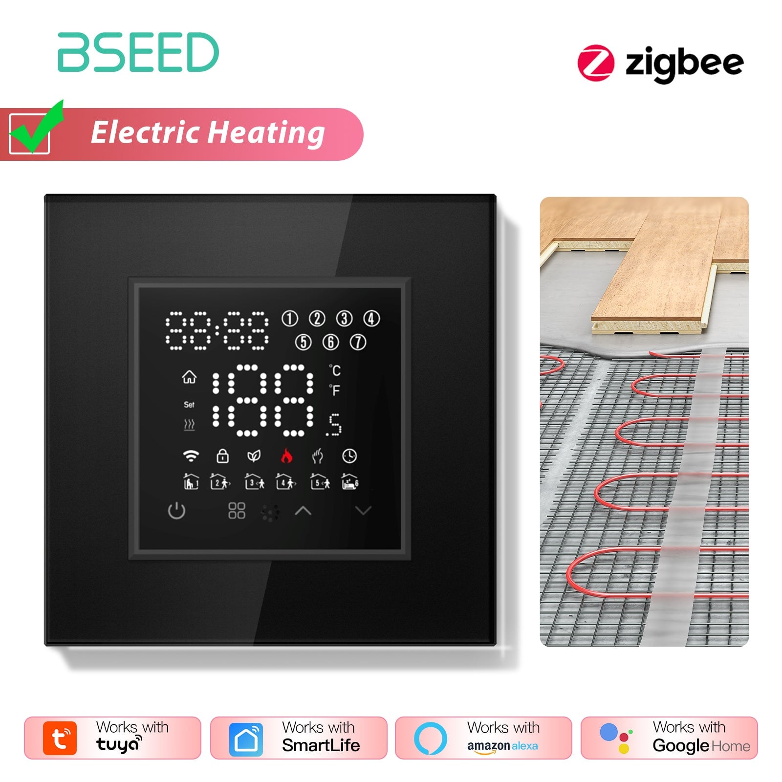 BSEED Echo Series Smart Zigbee Touch LED Screen Floor Heating Room Thermostat Controller Thermostats Bseedswitch Black Electric 