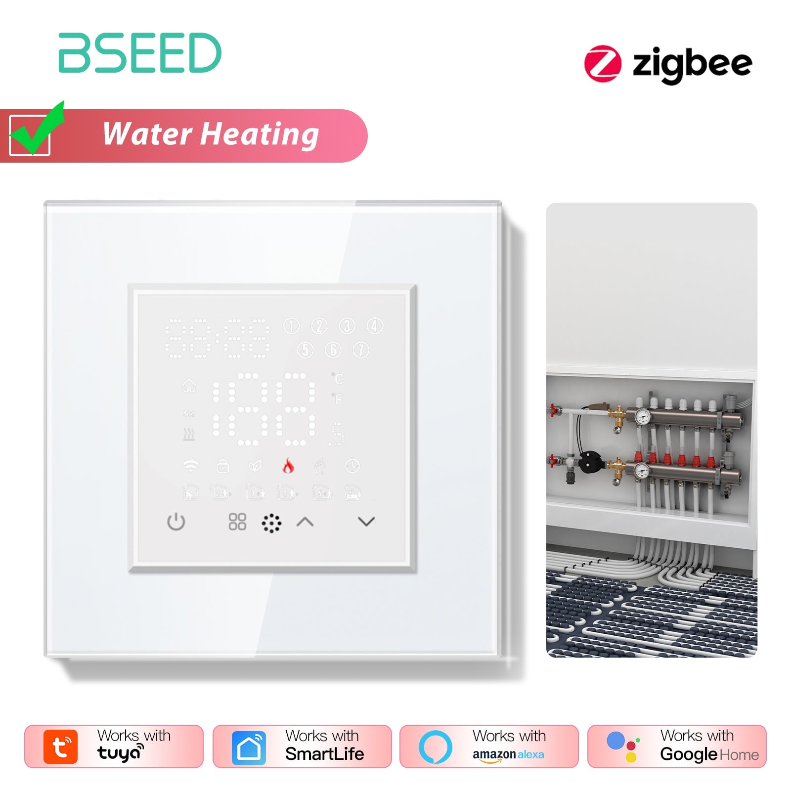 BSEED Echo Series Smart Zigbee Touch LED Screen Floor Heating Room Thermostat Controller Thermostats Bseedswitch White Water 