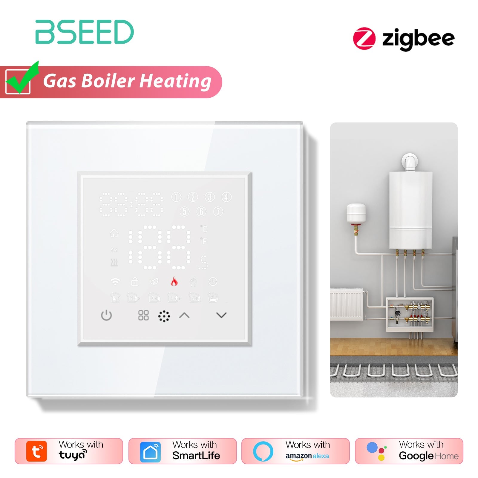 BSEED Echo Series Smart Zigbee Touch LED Screen Floor Heating Room Thermostat Controller Thermostats Bseedswitch White Boiler 