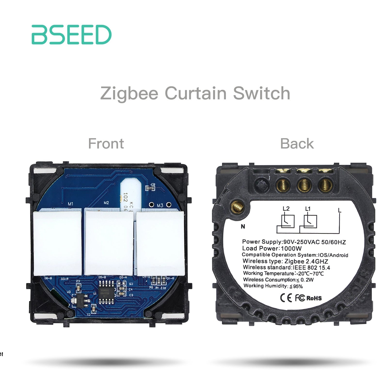 Bseed ZigBee WiFi Interruptor de Cortina / Persianas con Tecla de Función sin Panel de Vidrio Bseedswitch Interruptor de Cortina Tecla de Función ZigBee 