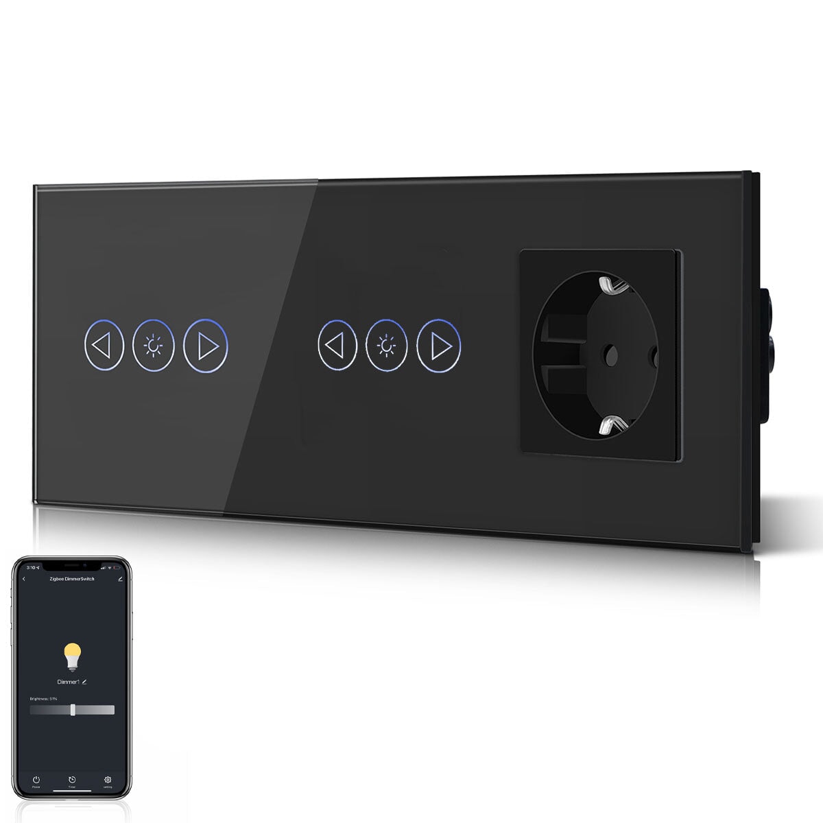 BSEED Smart WiFi Dimmer Light Switch With Normal EU Socket Double Light Switch with Socket Light Switches Bseedswitch Black 