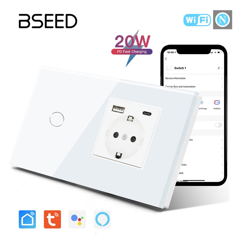 BSEED 1/2/3 Gang Wifi Light Switch Plus EU Wall USB Socket fast charge Type-c Light Switches Bseedswitch White 1Gang 