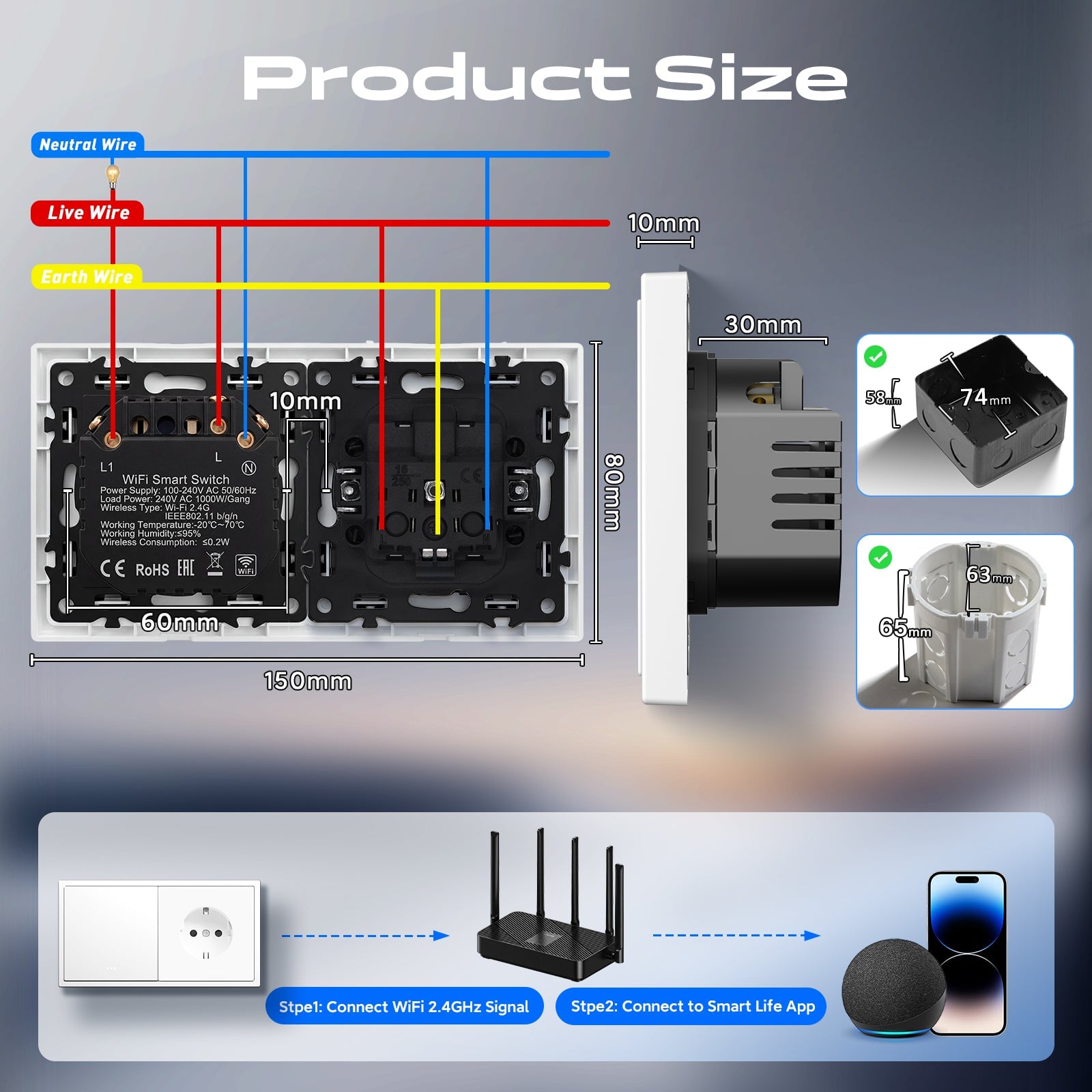 BSEED Gand Series Smart Wifi Light Switch (With Neutral) Recessed light switches with Normal Eu Socket Light Switches Bseedswitch 