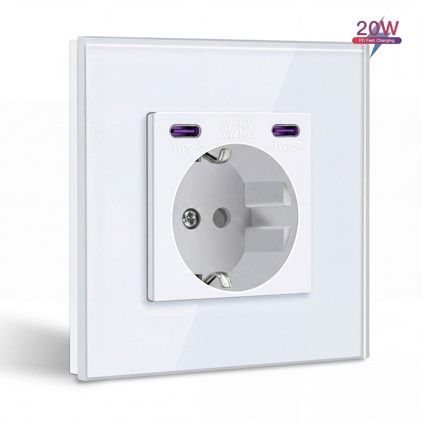Prises UE BSEED avec double interface Type-C 20W, prise murale avec panneau en plastique, prises de courant Bseedswitch, verre blanc simple