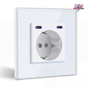 Prises UE BSEED avec double interface Type-C 20W, prise murale avec panneau en plastique, prises de courant Bseedswitch, verre blanc simple