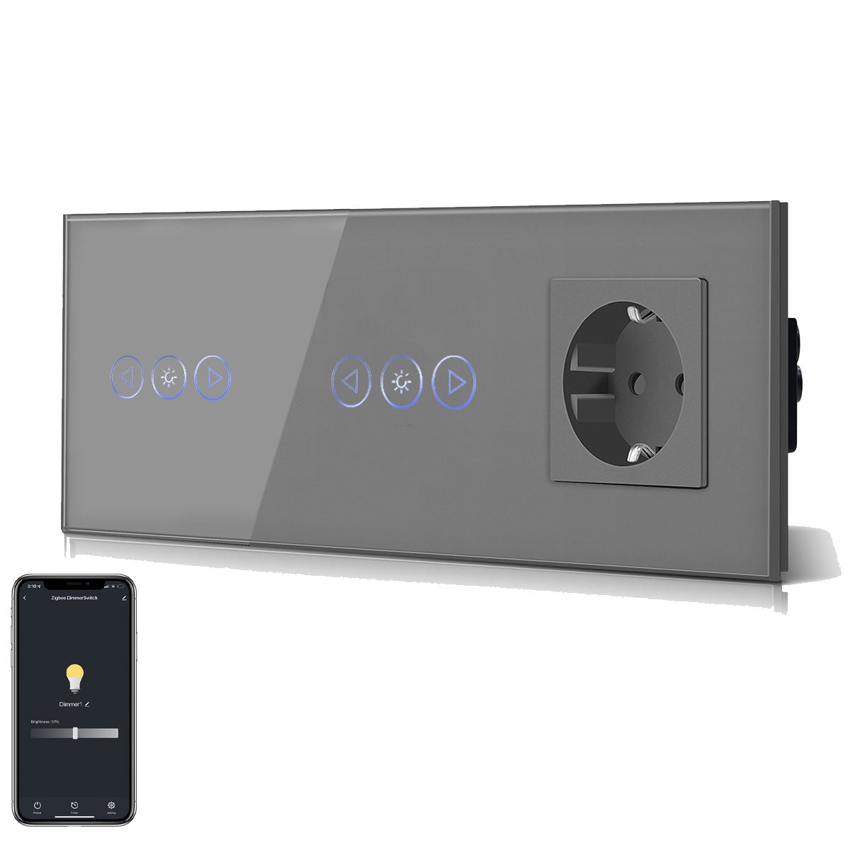 BSEED Smart WiFi Dimmer Light Switch With Normal EU Socket Double Light Switch with Socket Light Switches Bseedswitch Grey 