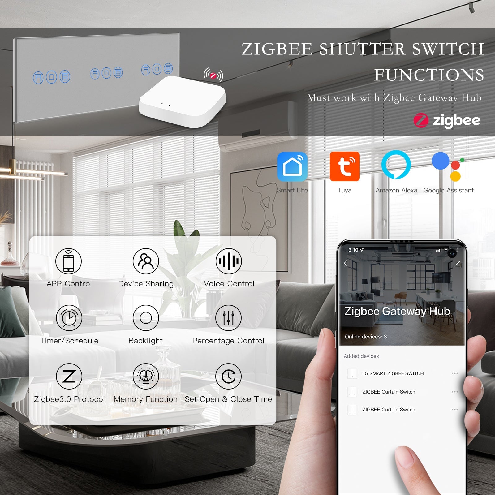 BSEED Zigbee 1/2/3 Gang Light Switches with Roller Shutter Switch ...