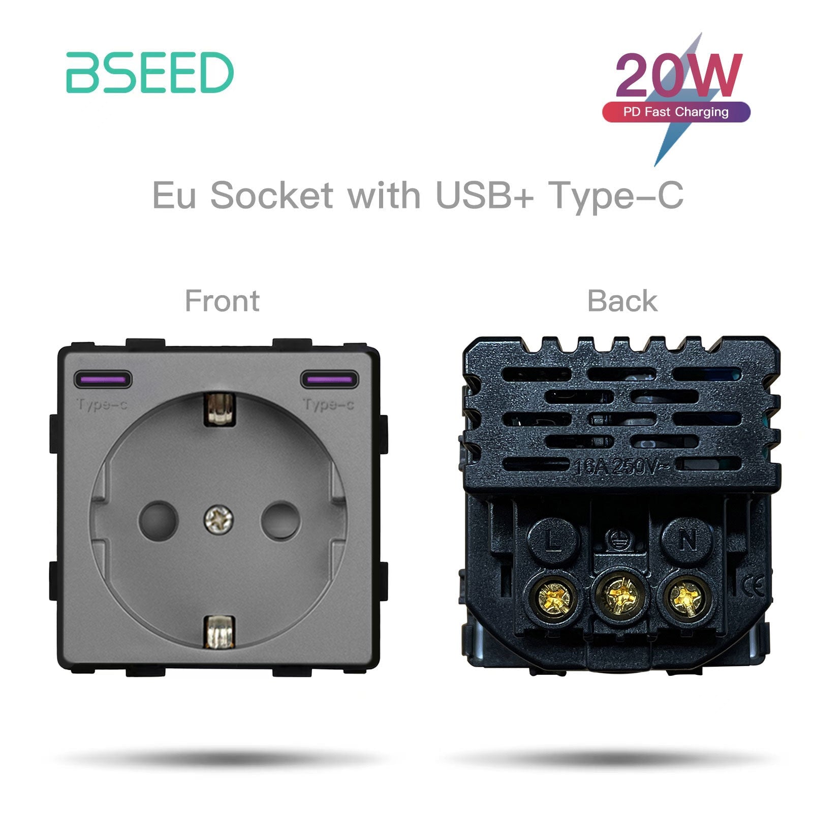 Bseed Crystal Glass Frame Smart Switch Socket Frame USB RJ45 Socket TV Satellite Wall Plug Function Parts DIY Free Combination Grey Color socket Bseedswitch Eu Socket with 20w 2Type-c 