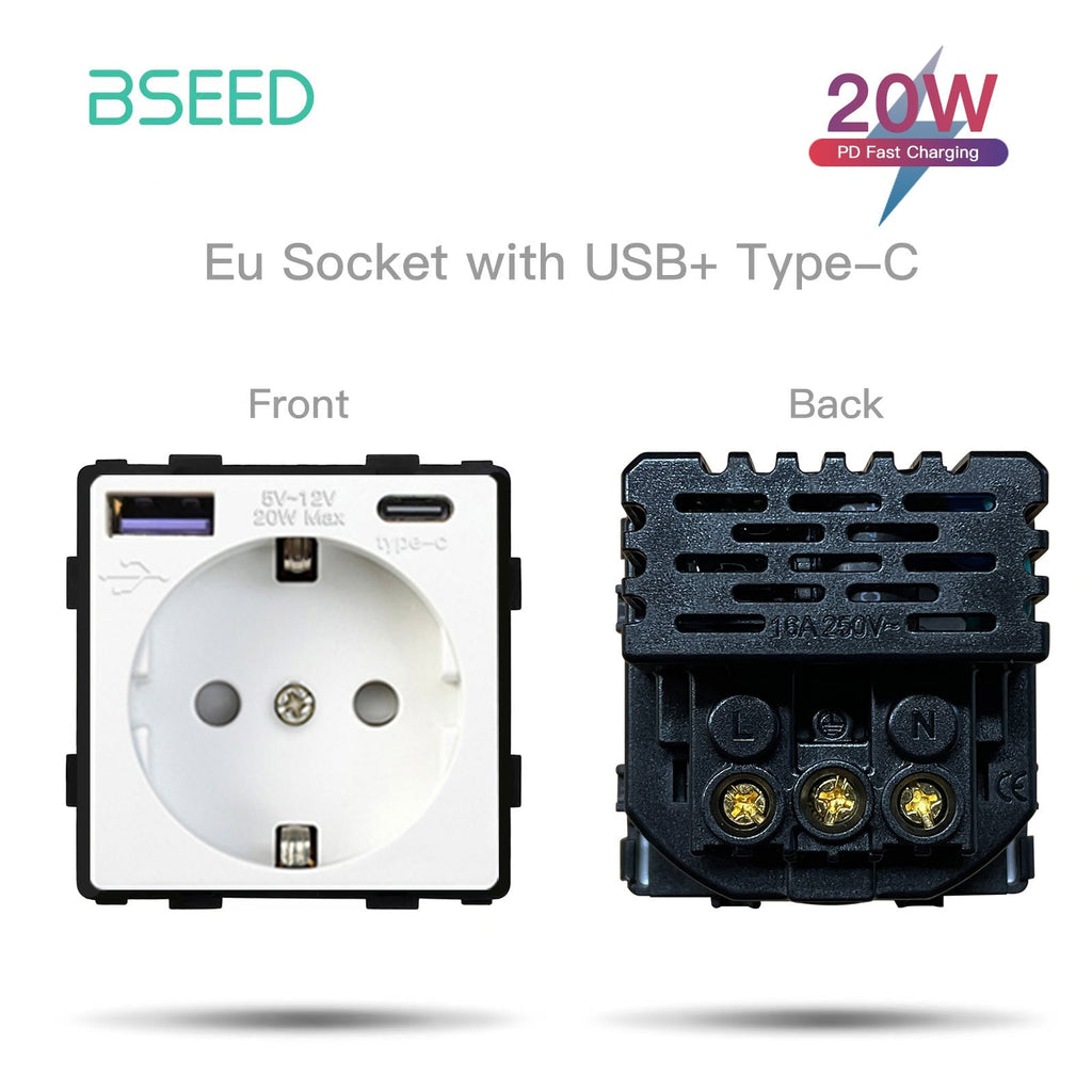 BSEED EU Type-C Interface Outlet Wall Socket 16A 20W USB-C Charge Power Outlets & Sockets Bseedswitch White 20W 