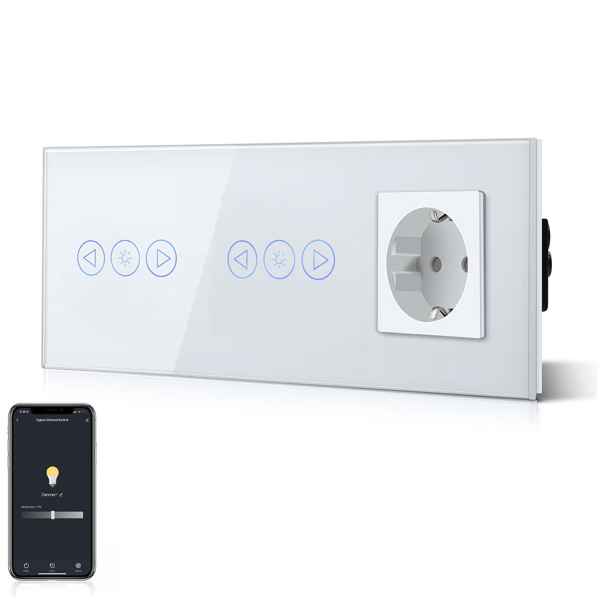 BSEED Smart WiFi Dimmer Light Switch With Normal EU Socket Double Light Switch with Socket Light Switches Bseedswitch White 