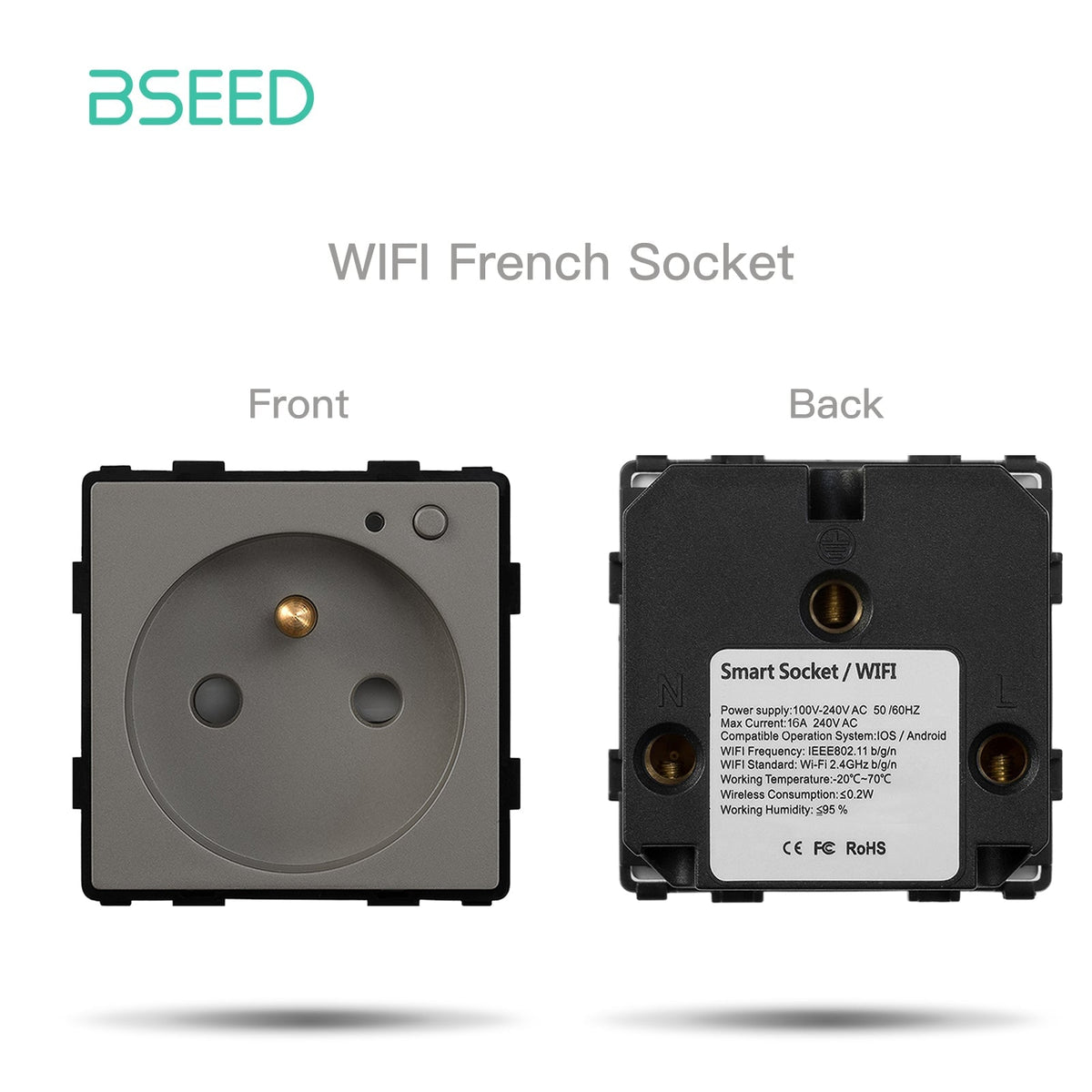 Bseed EU UK Russie Standard Prise en plastique Bouton Interrupteur Touche de fonction DIY Amélioration de l'habitat Plaques murales et couvercles Bseedswitch Touche de fonction de prise WiFi grise 