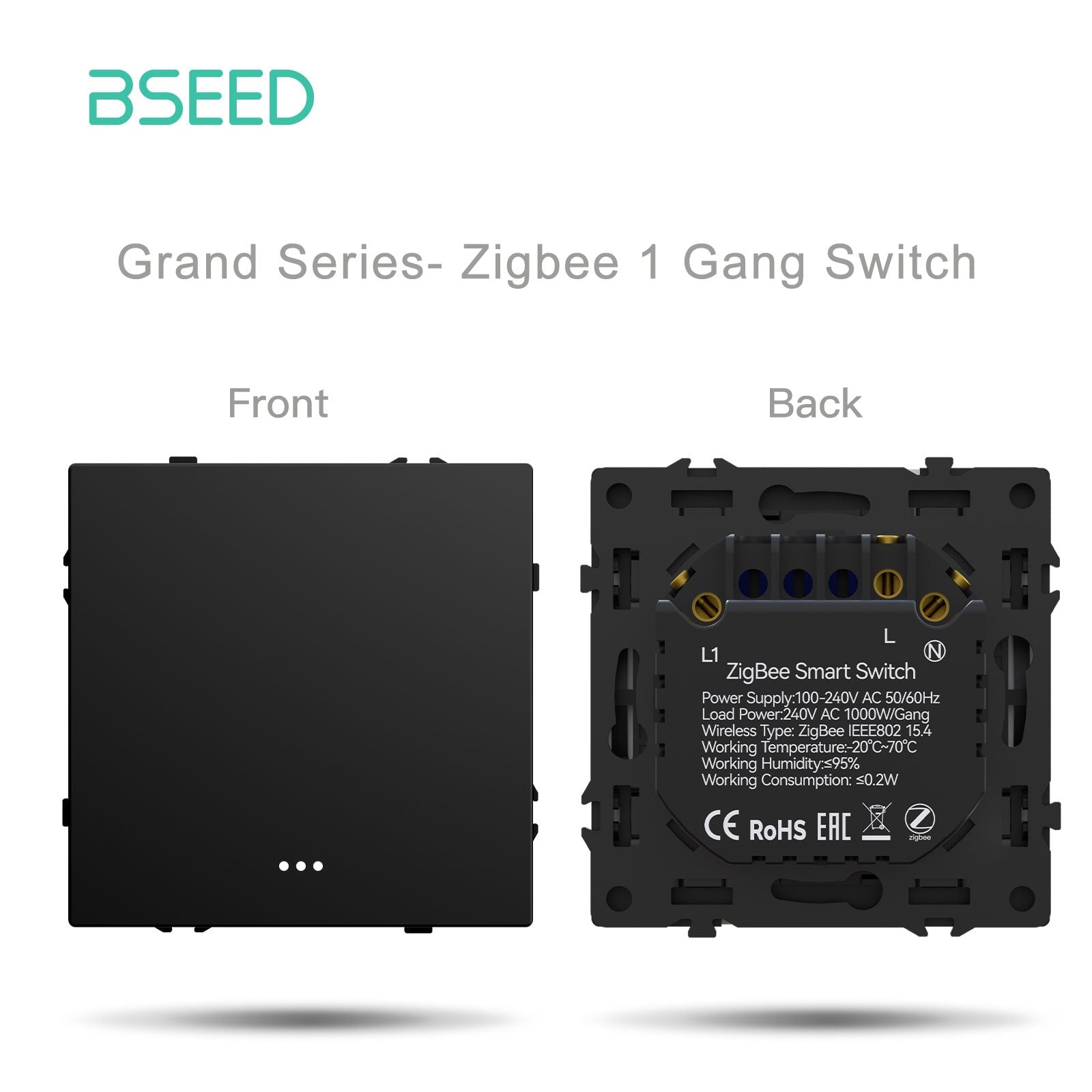 Interruptor Zigbee 1 Gang Bseed con neutro, serie Grand, piezas personalizables DIY, paneles de plástico, color negro, tomas de corriente y enchufes. 