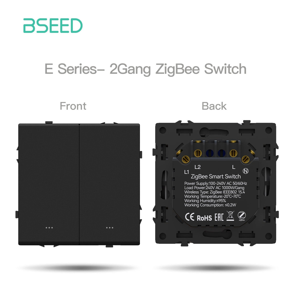 Grand Series DIY Part Customized free combinations Plastic Panels Black Color Power Outlets & Sockets Bseedswitch Zigbee 2 Gang Switch with Neutral 