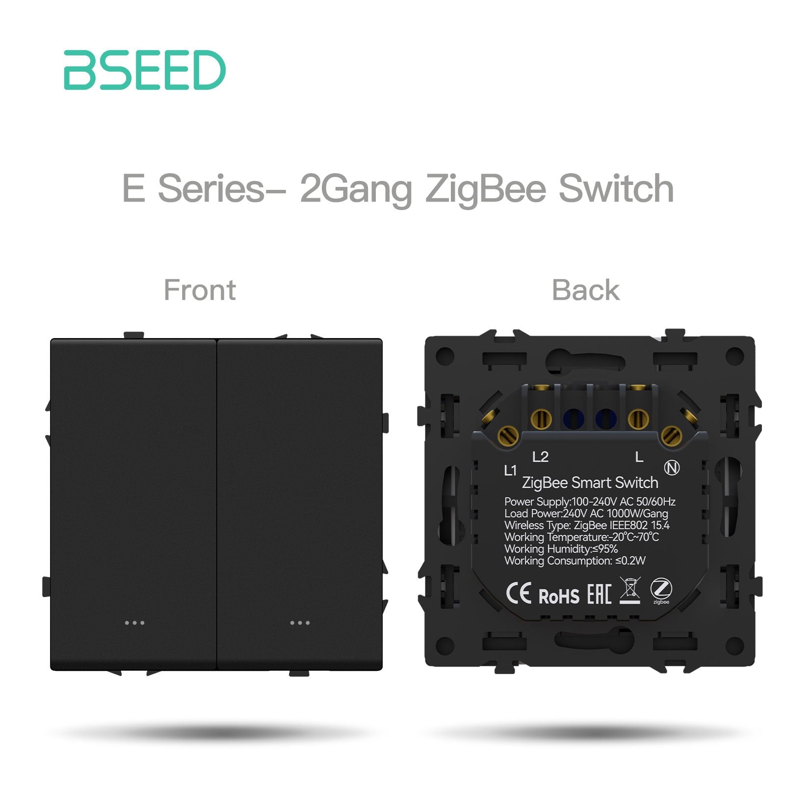 Grand Series DIY Part Customized free combinations Plastic Panels Black Color Power Outlets & Sockets Bseedswitch Zigbee 2 Gang Switch with Neutral 