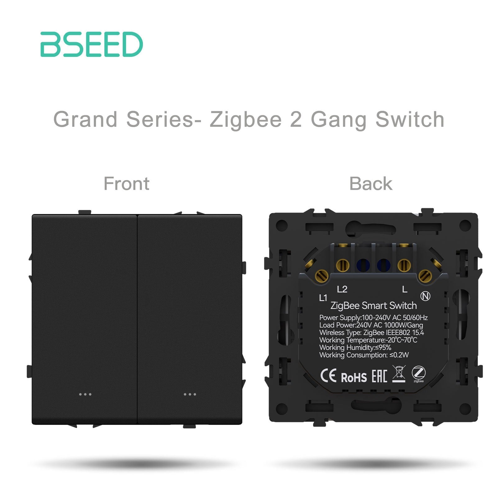 Interruptor Zigbee 2 Gang de la serie Grand, piezas personalizables DIY, paneles de plástico, color negro, tomas de corriente y enchufes Bseed, con neutro. 
