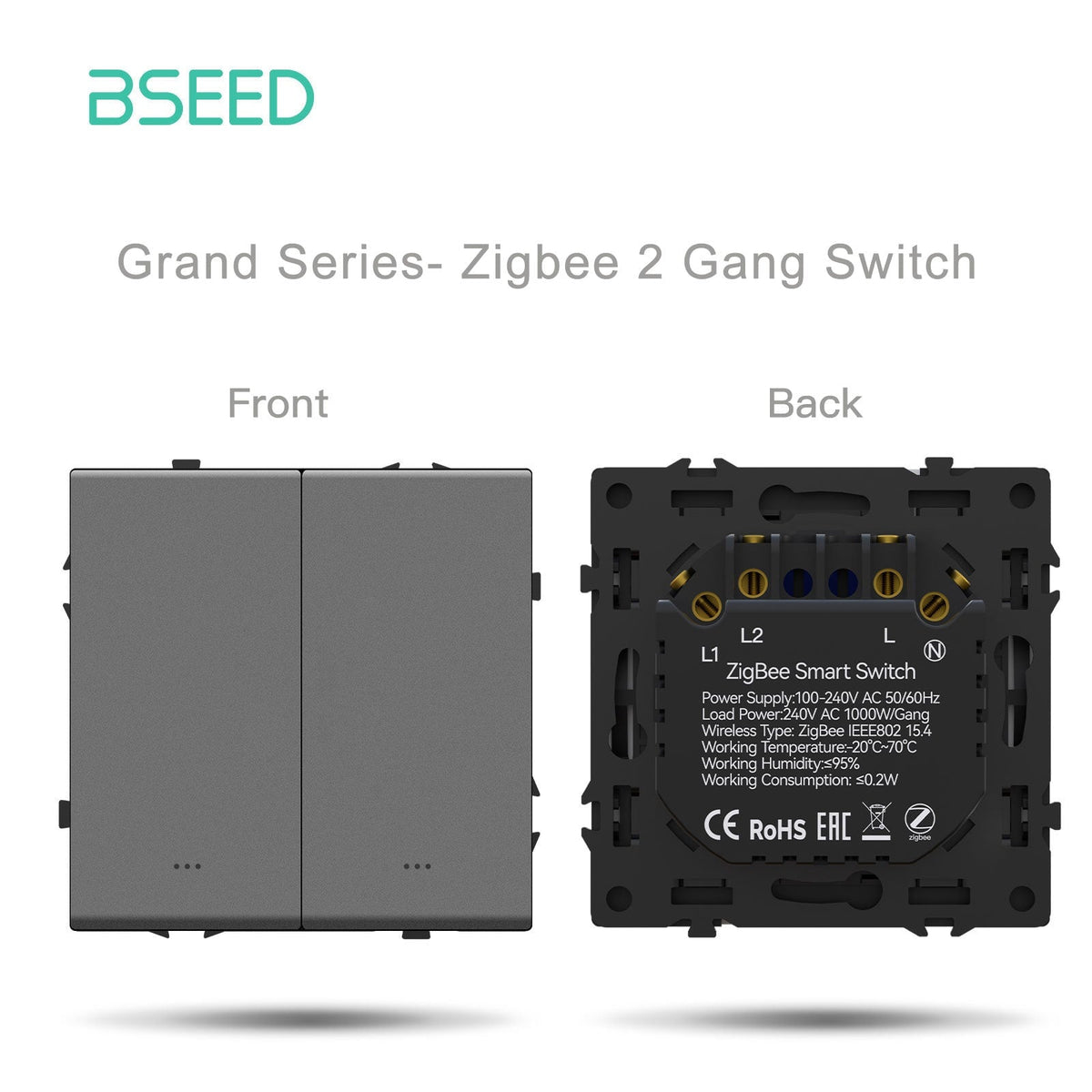 Grand Series doe-het-zelf onderdelen, aanpasbare combinaties, kunststof panelen, grijze stopcontacten en Bseed Zigbee 2 Gang schakelaar met nulgeleider 