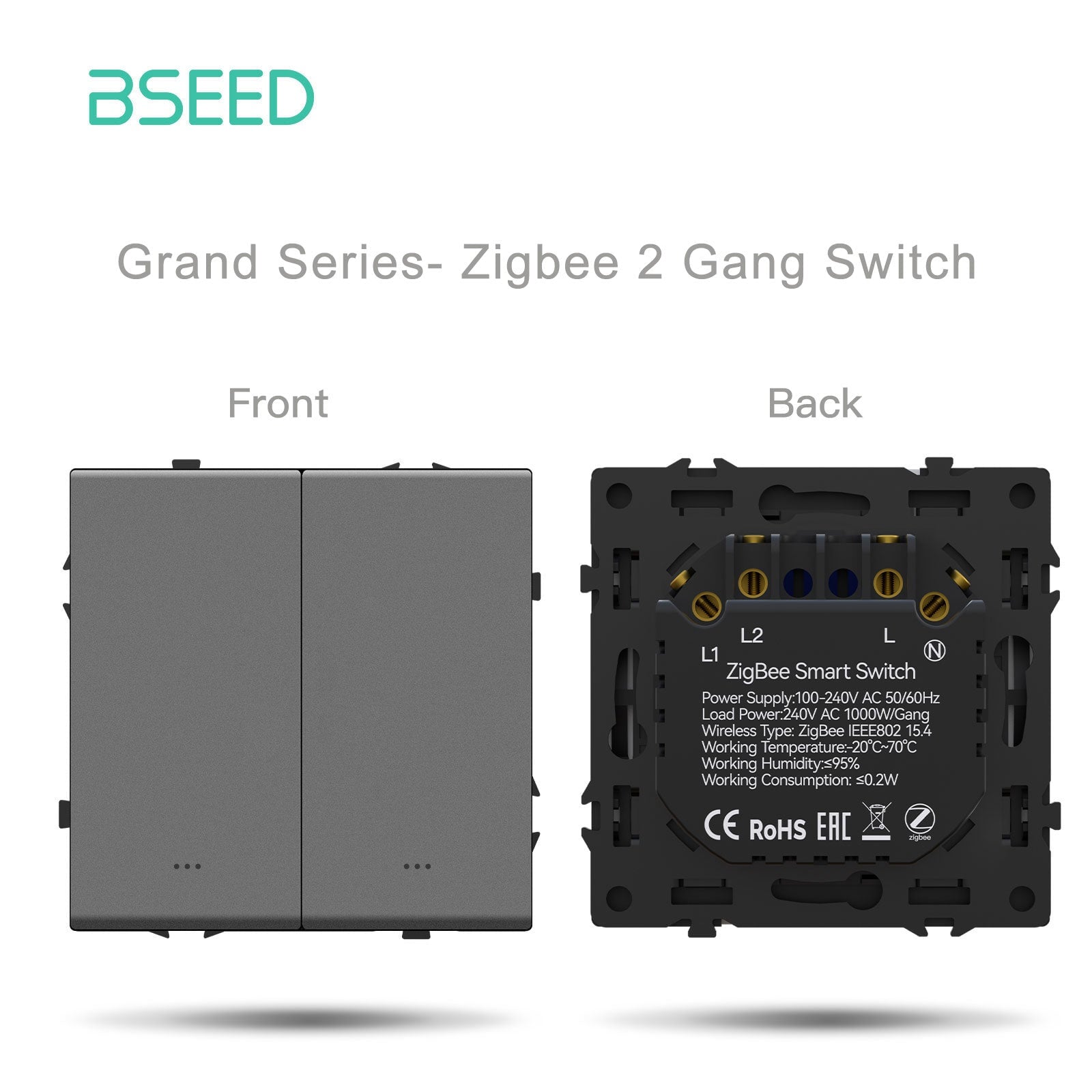 Grand Series DIY Part Customized free combinations Plastic Panels Grey Color Power Outlets & Sockets Bseedswitch Zigbee 2 Gang Switch with Neutral 