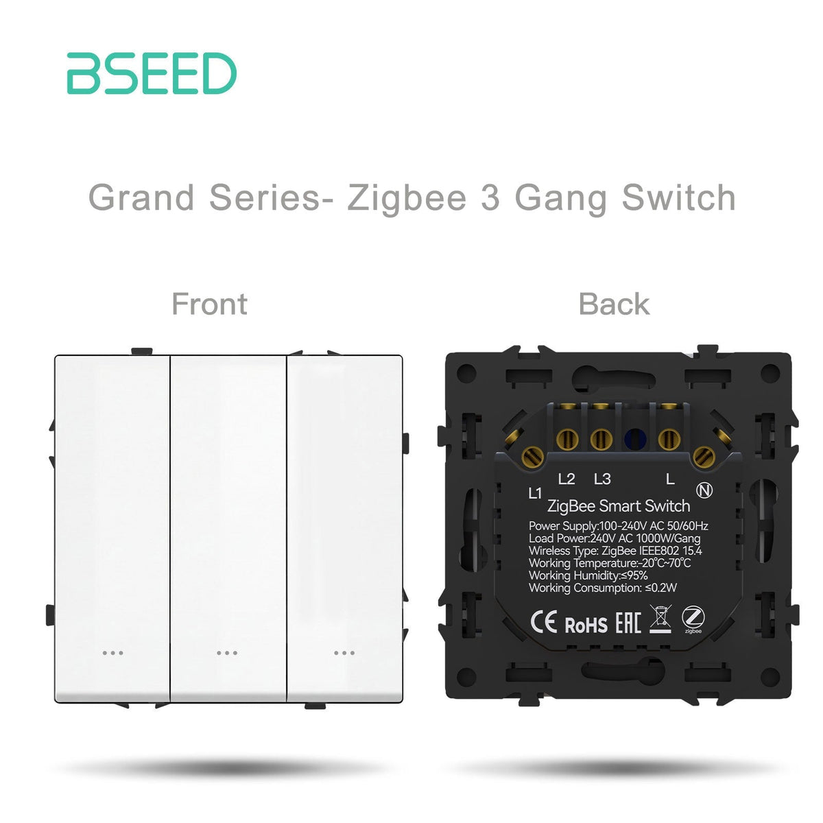 Interruttore Zigbee 3 Gang Bseed con neutro, serie Grand, componenti fai-da-te, combinazioni personalizzabili, pannelli in plastica, colore bianco, prese di corrente e interruttori. 
