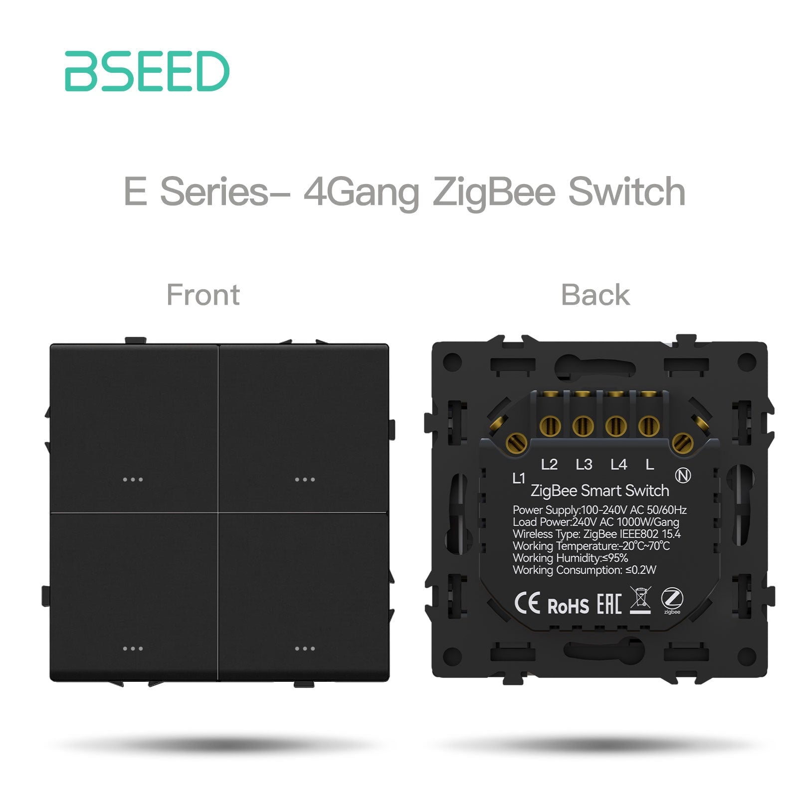 Grand Series DIY Part Customized free combinations Plastic Panels Black Color Power Outlets & Sockets Bseedswitch Zigbee 4 Gang Switch with Neutral 