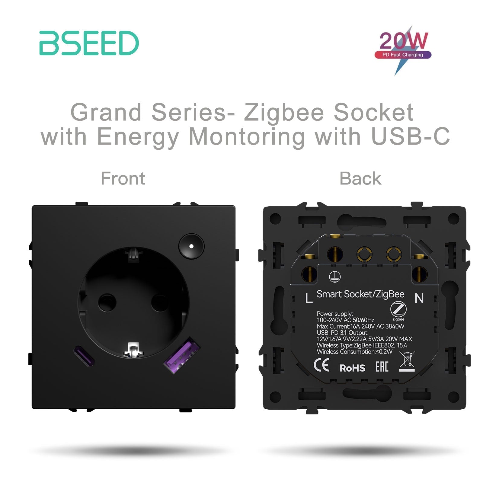 Grand Series DIY Part Customized free combinations Plastic Panels Black Color Power Outlets & Sockets Bseedswitch Zigbee Eu Socket with monitoring with 20W USB-C 