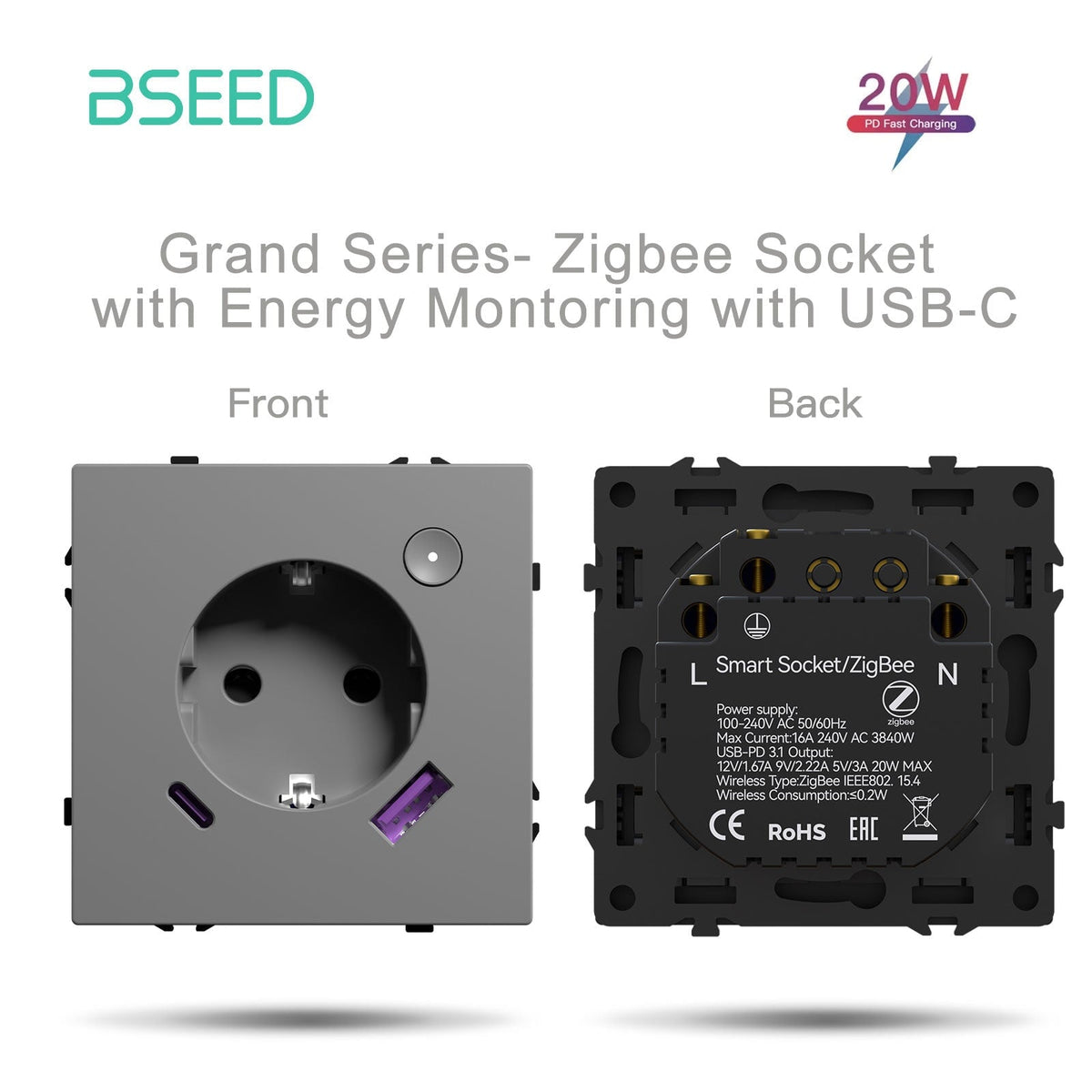 Grand Series DIY Part Customized free combinations Plastic Panels Grey Color Power Outlets & Sockets Bseedswitch Zigbee Eu Socket with monitoring with USB-C 