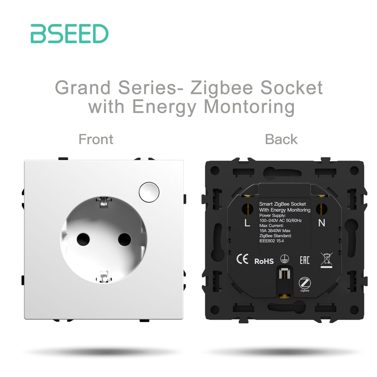 Grand Series DIY Part Customized free combinations Plastic Panels White Color Power Outlets & Sockets Bseedswitch Zigbee Eu socket with energy montoring 